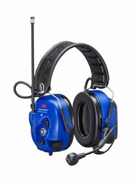 Blue over-ear headset with attached microphone and antenna, isolated on white background