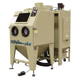 Beige industrial sandblasting cabinet with front viewing window and gloves on stand-alone legs
