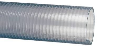 Clear corrugated plastic hose with a ribbed texture, shown close up on a white background