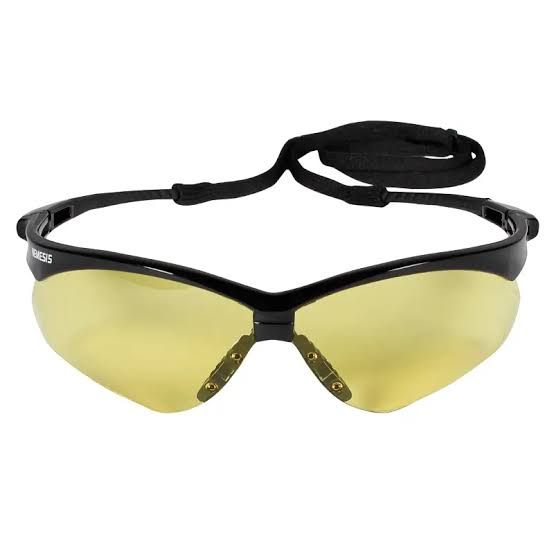 Black wraparound sunglasses with yellow-tinted lenses and a neck strap