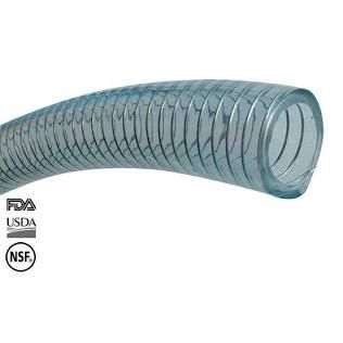 Clear blue flexible reinforced hose with FDA, USDA, and NSF approval logos