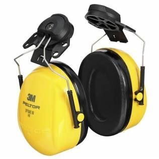 Yellow and black earmuffs with hard hat clips, folded open on a white background