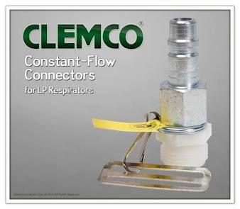 CLEMCO constant-flow connector for LP respirators, silver metal fitting with yellow strap on gray background
