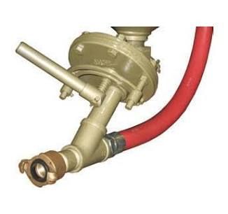 Brass firefighting hose nozzle connected to a red hose, shown on a white background