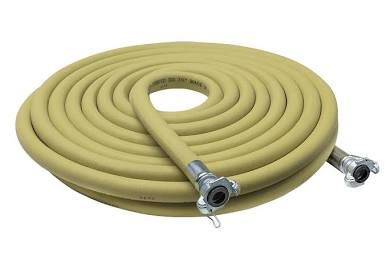 Coiled yellow hose with metal fittings on both ends