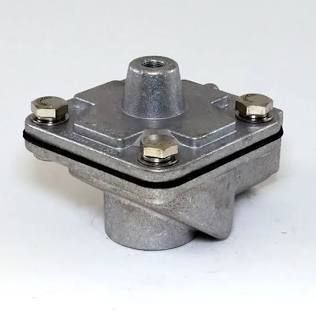 Metallic gray industrial valve or pump component with bolted square top on a white background