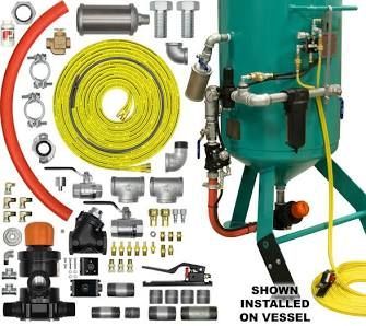 Assorted industrial hose and fitting kit with coiled yellow hose, valves, and tank-mounted setup
