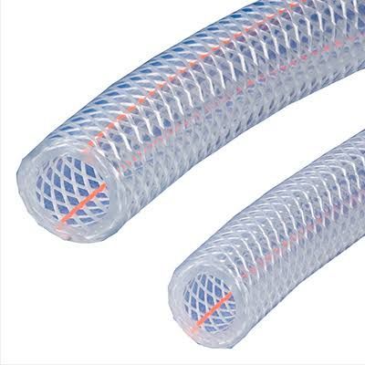 Clear braided plastic tubing with an orange stripe, shown in two sizes on a white background