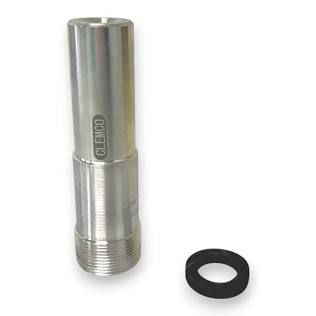 Metal threaded cylindrical connector with a black rubber washer on a white background