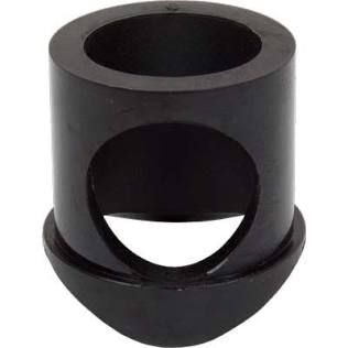 Black cylindrical plastic adapter with a side cutout and flared base on a white background