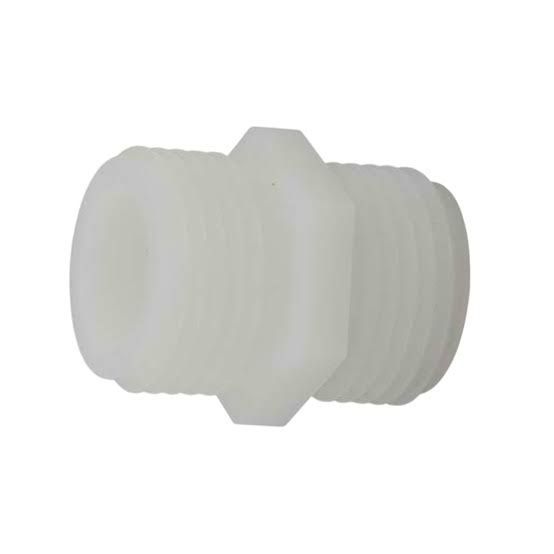 White plastic threaded pipe fitting with a hexagonal center section