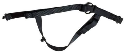Black pet dog harness with adjustable straps and a leash ring on a white background