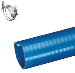 Blue coiled hose with a metal clamp fitting on a white background