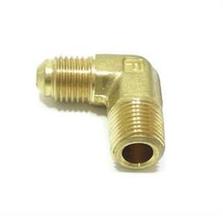 Brass 90-degree threaded elbow pipe fitting on a white background