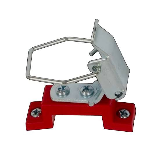 Red and silver metal hook latch mounted on a base, shown against a white background