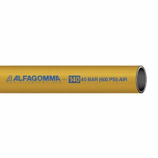 Yellow ALFAGOMMA 140 air hose with blue text and black end, shown on white background