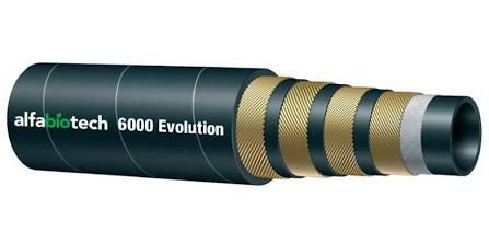 Black industrial hose with gold spiral bands and “alfa-tech 6000 Evolution” text on the side