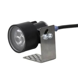 Black spotlight mounted on a metal bracket with attached power cord