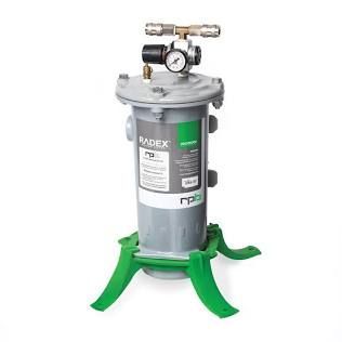 Green portable fire suppression cylinder with gauge and valve on a white background