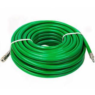 Coiled green garden hose with metal fittings on a white background