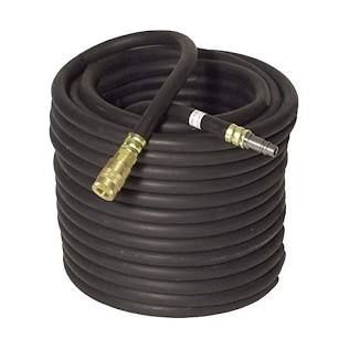 Coiled black pressure washer hose with brass and silver quick-connect fittings