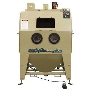 Beige industrial sandblasting cabinet with two round gloves and a front viewing window