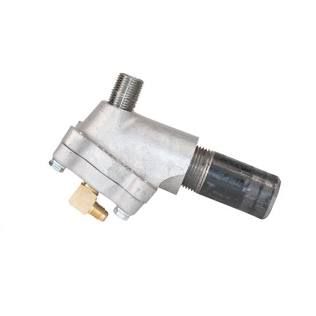 Silver angle grinder attachment with black handle and threaded metal shaft on white background