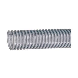 Gray flexible corrugated plastic hose coil on a white background