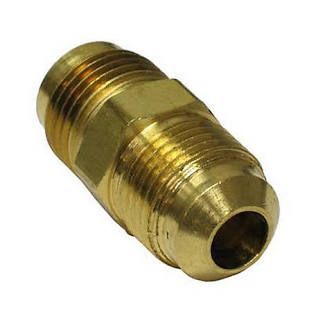Brass hose fitting adapter with threaded ends on a white background