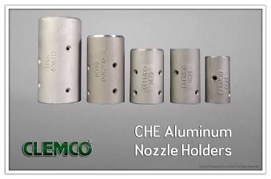 Five silver CHE aluminum nozzle holders on a gray background with CLEMCO logo text