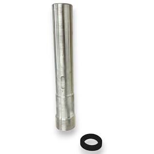 Silver metal threaded tube with a small black rubber ring beside it on a white background