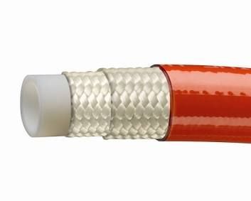 Close-up of a red braided hose with a white inner lining exposed at the cut end