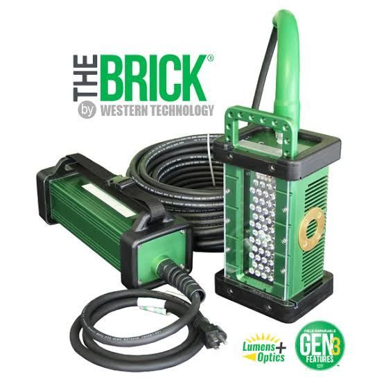 THE BRICK portable lighting kit with green lanterns, battery pack, and coiled cable
