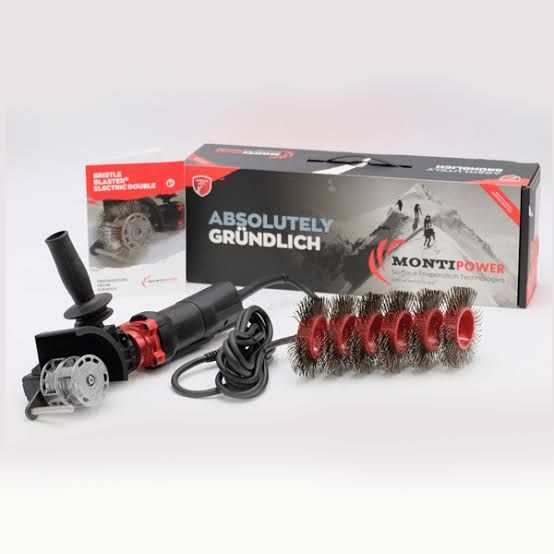 Angle grinder kit with red wire brush wheels, black power cord, and branded box on white background