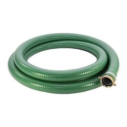Coiled green garden hose with brass fitting on a white background