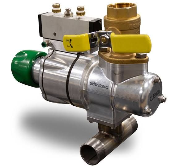 Stainless steel industrial valve assembly with green motor and yellow handle on a white background