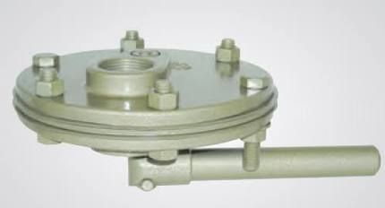 Close-up of a metal mechanical valve or regulator with bolts and a side handle on a white background