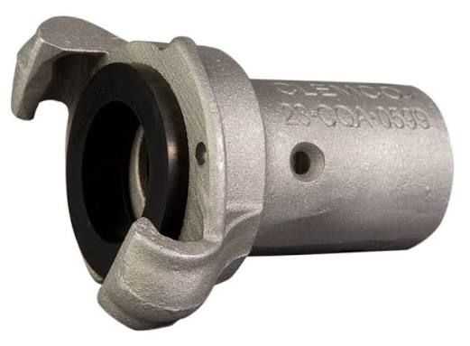Metal hose nozzle coupling with black rubber seal, shown on a white background