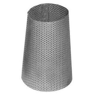 Perforated silver metal cone-shaped basket with a flat top and tapered sides