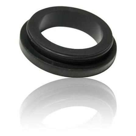 Black rubber ring seal with a white reflection on a plain background