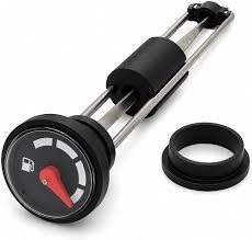 Black fuel tank sender unit with gauge and float ring on white background