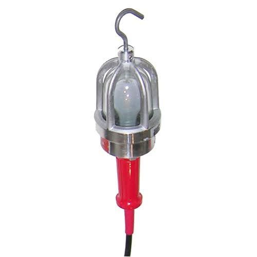 Metal detector wand with a red handle and black tip, shown with a hook for hanging