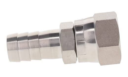Metal hose barb fitting with hexagonal nut on a white background