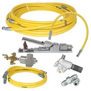 Yellow hoses and metal fittings with a valve and hand pump laid out on white background