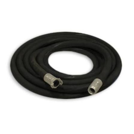 Coiled black hose with metal fittings on both ends, isolated on white background
