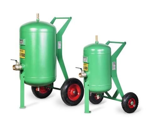 Two green wheeled industrial tanks with handles and valves on a white background