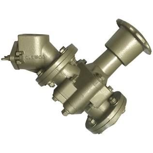 Metal valve assembly with angled flanges, isolated on a white background