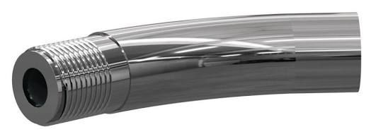 Chrome shower hose connector close-up with threaded end and black rubber gasket