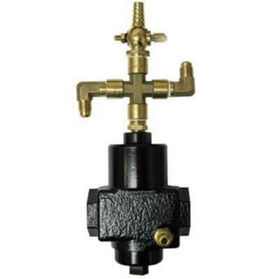 Brass and black gas valve assembly with cross-shaped brass fittings on a white background