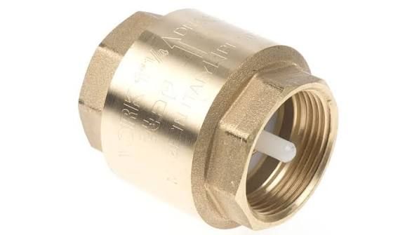 Brass threaded check valve with hex ends and white internal stem on a white background